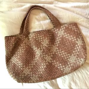 Falor Italian Genuine Leather Woven Tote Bag, Mixed Caramel Browns, F7349